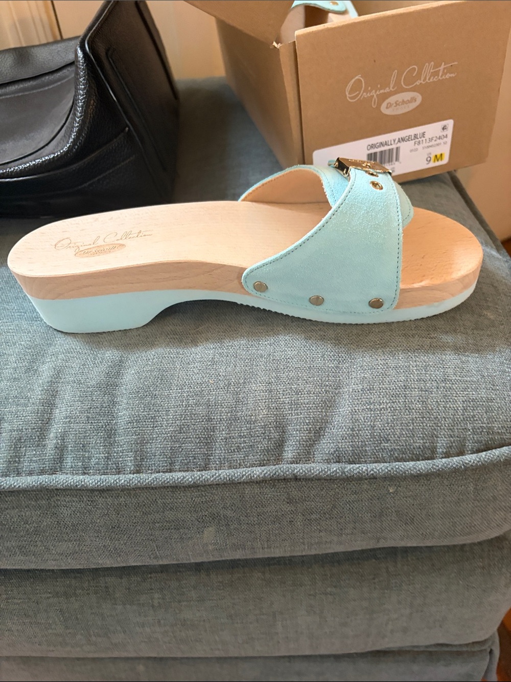 Dr. Scholl's Light Blue Suede Slide Clog with Gold Buckle